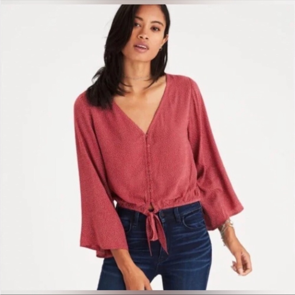 American Eagle Cropped Red Polka Dot Wide Sleeve Top Size Large